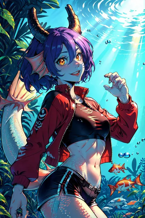 masterpiece, best quality, mayte, monster girl, horns, head fins, slit pupils, scales, tail, cowboy shot, from side, looking up, smile, red jacket, white t-shirt, spandex shorts, underwater <lora:mayte-nvwls-v1-000010:0.9>