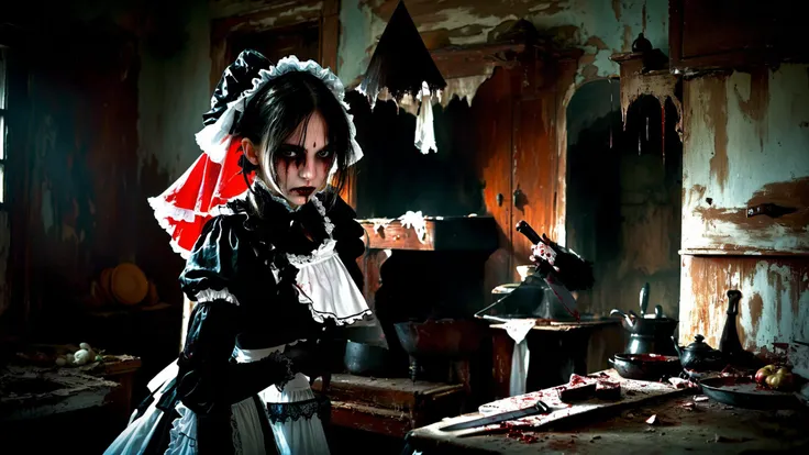 <lora:[LoRA][Horror]s4w3d0ffBlend_v10:1>, horror art, gore, abandoned kitchen, dystopian, soft light,  haunted place, scarry, evil maid in victorian costume,  holding knife