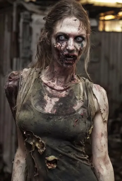 hyper real photo of ((military zombie woman inside a cluttered barn wearing sexy worn-out torn cotton tanktop)), ((detailed realistic face and eyes)), cinematic lighting, 8k resolution, (modelshoot style), sunset, (from_below:1.4), soft small nipples covered by (ripped torn cotton tanktop), natural breasts