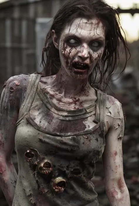 hyper real photo of ((military zombie woman inside a cluttered barn wearing sexy worn-out torn cotton tanktop)), ((detailed realistic face and eyes)), cinematic lighting, 8k resolution, (modelshoot style), sunset, (from_below:1.4), soft small nipples covered by (ripped torn cotton tanktop), natural breasts