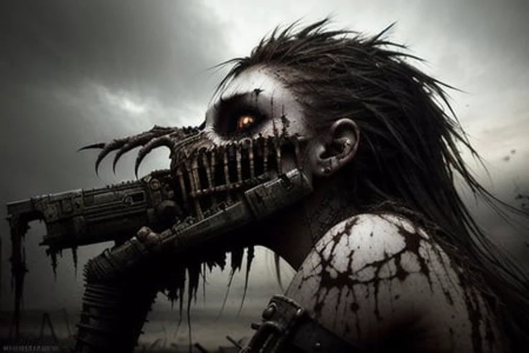 Amazing detailed photography of a perfect beautiful 1girl post apocalyptic, horror; by Clint Langley, Simon Bisley, SFX, insanely detailed & intricate, hypermaximalist, elegant, ornate, hyper realistic, super detailed, serene, canon, 85mm<lora:LoraHorrorS4w3d0ff_v10:1>