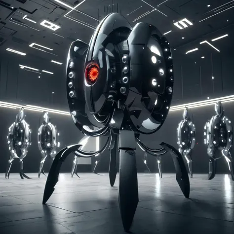 <lora:LEDarrayTech-20:1.2> , ledarraytech , scifi, geometrical , tron,
<lora:portal_turret:0.9> black portal_turret, glowing eyes, , cable, one-eyed, non-humanoid robot, solo, laboratory,