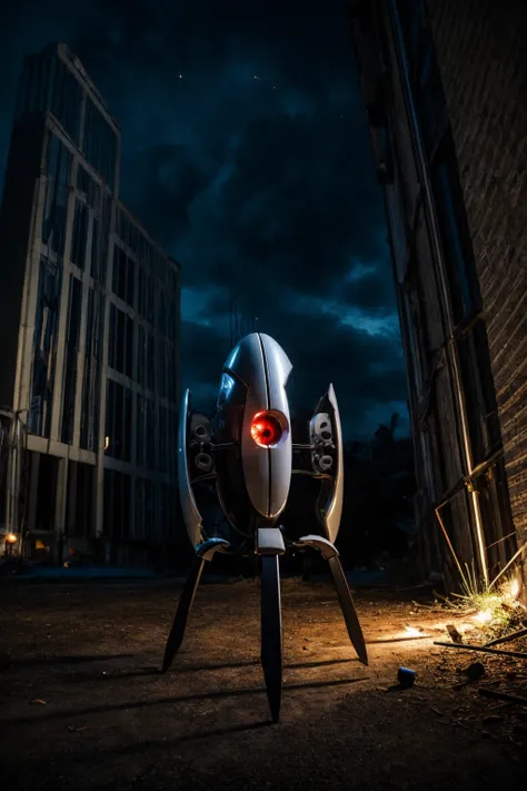 dark theme, portal_turret, top hat, red eyes, glowing, cable, one-eyed, non-humanoid robot, solo, laboratory <lora:portal_turret-09:1> <lora:LowRA:0.333> <lora:epi_noiseoffset2:0.666>
BREAK
outdoors wreckage, sunlight, light particles, raytracing <lora:add_detail:1>