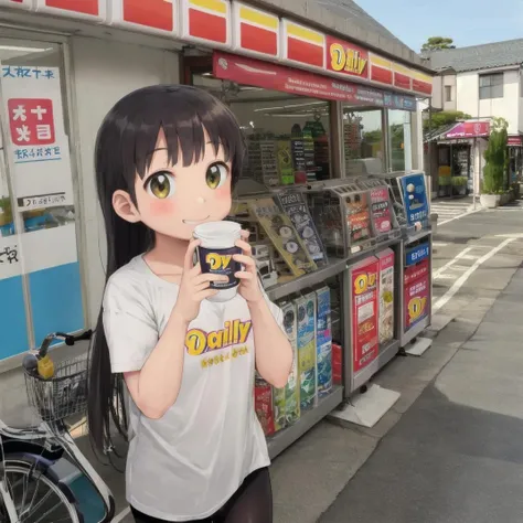 best quality, ultra-detailed, illustration,
YamazakiDaily, konbini, scenery, storefront, japan, bicycle, scenery, shop, ground vehicle, outdoors, convenience store, sky, sign, road, building, storefront, day, real world location, blue sky, city, street,
(1girl, solo:1.4), black hair, long hair, happy, shy smile, holding, coffee, coffee cup, looking at viewer, 
 <lora:DailyYAMAZAKI_JAPAN_SD15_V1:1>