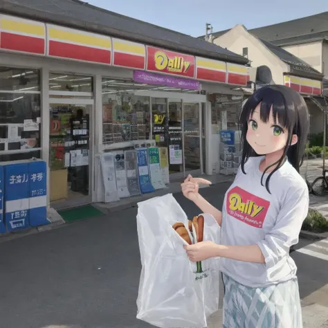 best quality, ultra-detailed, illustration,
YamazakiDaily, konbini, scenery, storefront, japan, scenery, shop, outdoors, convenience store, sky, sign, road, building, storefront, day, real world location, blue sky, city, street,
(1girl, solo:1.4), black hair, long hair, happy, shy smile, holding, bread, looking at viewer, 
 <lora:DailyYAMAZAKI_JAPAN_SD15_V1:1>