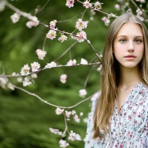 portrait of young sks woman cinematic medium shot of branches forming a human body, flowers patterns, shallow depth of field, garden setting, photograph by steve mccurry