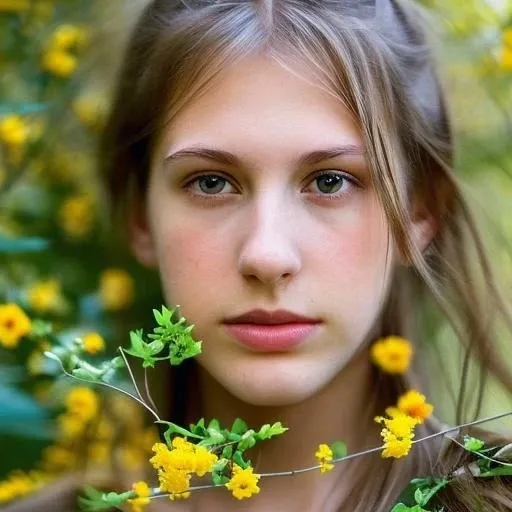 portrait of young sks woman cinematic medium shot of branches forming a human body, flowers patterns, shallow depth of field, garden setting, photograph by steve mccurry