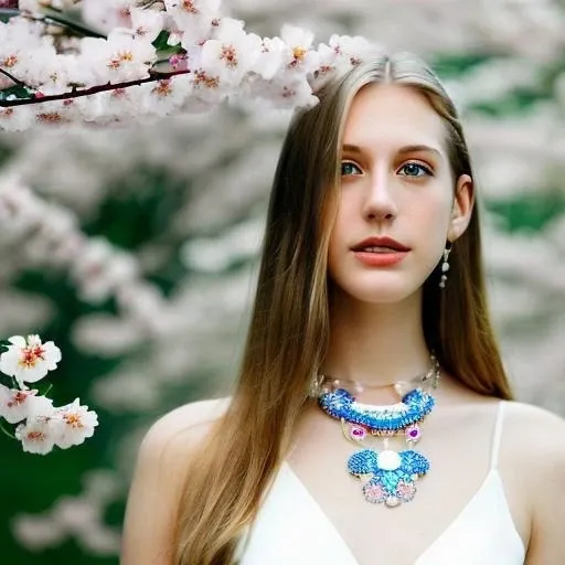 hyper-resalistic futuristic portrait of sks woman, cherry-blossom, mouth closed, flowers, blue eyes, blue background, white pearl neckless, fashion model in causal white hippie dress,