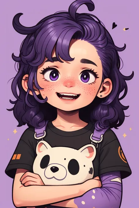 (purple hair:1.2), smile, 
upper body, freckles, blush, messy hair, simple background, 
nose bandage, 
<lora:KawaiiVibes_V3:2.0>