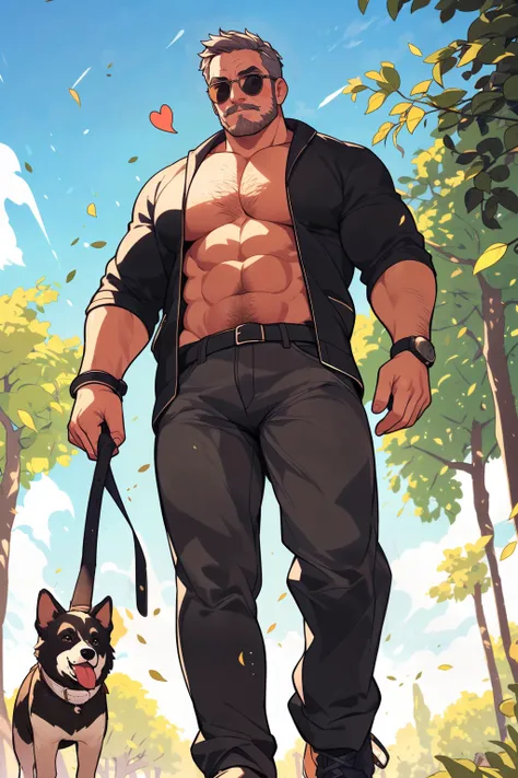 bare chest, wear tinted glasses, at park, walking the dog, heart laser,
(8K, best quality, highres, absurdres, incredibly absurdres:1.2), (from below), (whole body:1.2), (looking away:1.2), affluent and blur (detailed background),
[frown], [blush], slightly smiling, (dynamic pose:1.2),
1daddy, (50 years old), grey hair, beard, mustache, (bulge:1.2),
<lora:more_details:0.3> <lora:NijiMaleV1.3f:0.6> <lora:KawaiiVibes_V3_prunned_fp16:1.5>