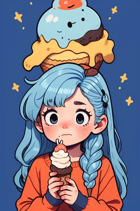 ice cream, blue hair, 
upper body, freckles, shy, blush, long hair, simple background, 
<lora:KawaiiVibes_V3:2.0>