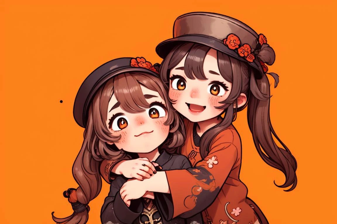 simple background, (:3:1.2),
(2girls:1.4), hugging,
<lora:HugsLoraV1.0-000001:0.8> HugsAI
<lora:Hu_Tao-000028:0.8> hu tao (genshin impact), brown hair, genshin impact, hat, long hair, red eyes, female, 1girls, twintails, solo, smile, blush, symbol-shaped pupils
<lora:KawaiiVibes_V3_prunned:2.1>