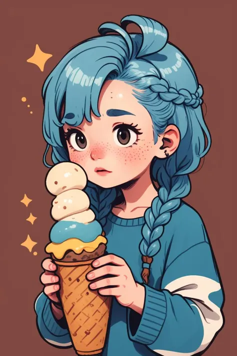 ice cream, blue hair, braids,
upper body, freckles, blush, short, hair, simple background,
<lora:KawaiiVibes_V3:2.0>