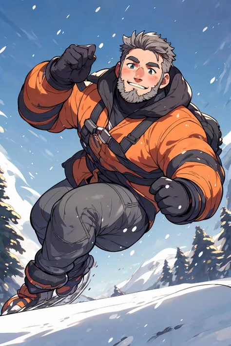 [skiing with empty hands], snow, anime artwork, [blue-golden theme], (dynamic pose), [Riding on snowboard],
(8K, HDR, best quality, highres, absurdres:1.2), specular lighting, radiosity, (establishing shot), (motion blur),
[Blush:0.7], [slightly frown], [smiling],
1daddy, (40 years old), grey hair, beard, chubby daddy,
<lora:add_detail:0.3>, <lora:NijiMaleV1.3f:0.6>, <lora:KawaiiVibes_V3_prunned_fp16:1.5>