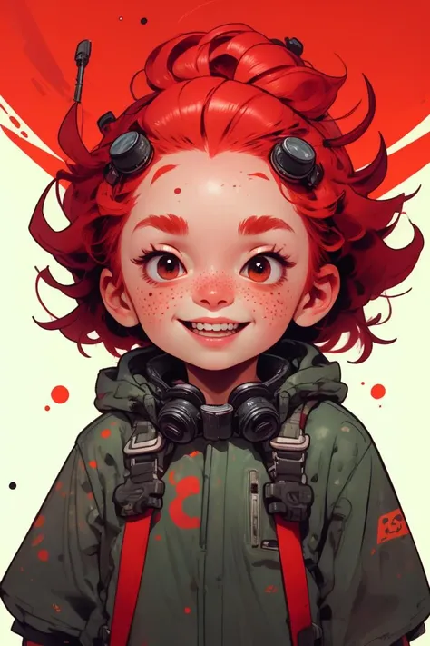 (red hair:1.2), smile, 
upper body, freckles, blush, messy hair, simple background, 
goggles, 
<lora:KawaiiVibes_V3:2.0>
 <lora:Unleashed_V1.5:1.65>