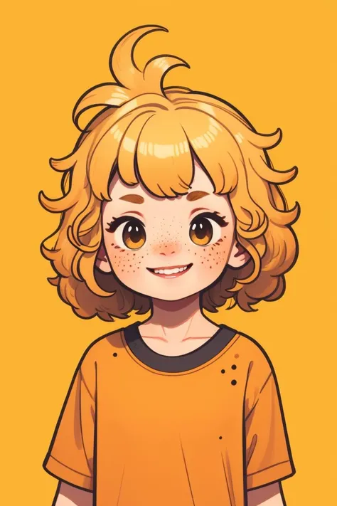 (blonde hair:1.2), smile, 
upper body, freckles, blush, messy hair, simple background, 
<lora:KawaiiVibes_V3:2.0>