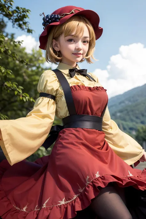 masterpiece, best quality, <lora:AkiMinoriko:1>,outdoors,day,1girl,smile,aki minoriko, red hat,grapes,blonde hair,short hair,red eyes,ribbon,wide sleeves, dress,