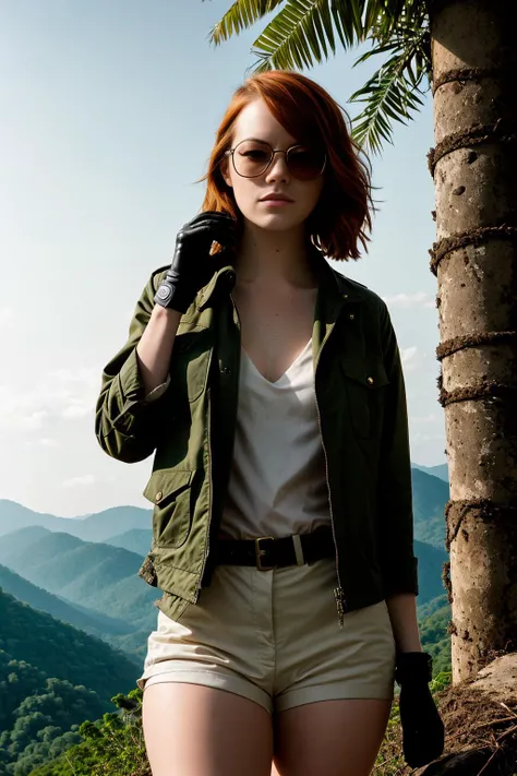 emma stone, wearing sunglasses, wearing gloves, in military boots, there are torn bandages on hands, full body height, jungles, mountains, a ruined temple, sunrise, (high detailed skin:1.2), photorealistic, 8k uhd, dslr, high quality, film grain, old film tape, Fujifilm XT3 emma stone