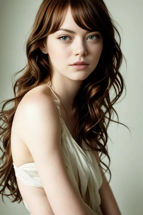 emma stone, RAW, analog style, A stunning portrait of a young, beautiful woman with striking features. She should have long, flowing hair, a captivating gaze, and an alluring expression. The background should be neutral and simple, allowing the woman to be the image's focal point. Please pay close attention to the details, such as the highlights and shadows on her face and hair, to create a lifelike and realistic image. Experiment with different lighting techniques to enhance the mood and atmosphere of the portrait. The final product should be a masterpiece that captures the essence and beauty of the woman, ((highly detailed skin, skin details)), sharp focus, volumetric fog, 8k UHD, DSLR, high quality, film grain, Fujifilm XT3 emma stone