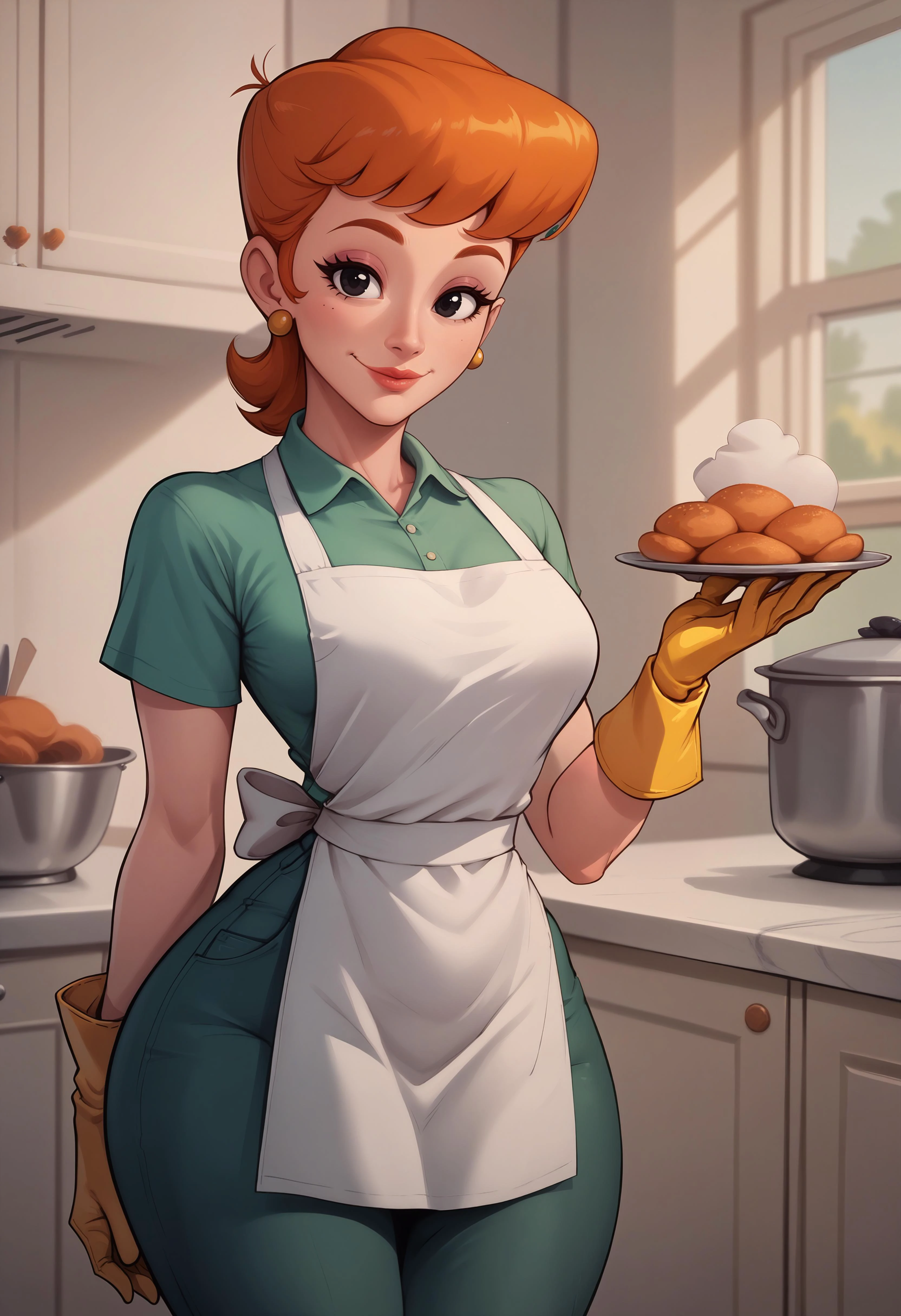 dextersmom,mature female, wide hips, orange hair, black eyes, makeup, earrings,gloves, shirt, apron, pants,slight smile <lora:dextersmom-guy-PONYv1:0.8>