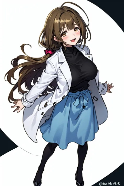 <lora:kuwayama chiyuki:1>, kuwayama chiyuki, 1girl, ahoge, skirt, breasts, large breasts, brown hair, braid, blue skirt, long hair, long skirt, smile, brown eyes, open mouth, white background, holding hands, simple background, looking at viewer, black shirt, solo focus, shirt, blush, open clothes, twitter username, black footwear, 1boy, jacket, bangs, turtleneck, long sleeves, pantyhose, out of frame, :d, white jacket, coat, high heels, full body, black sweater