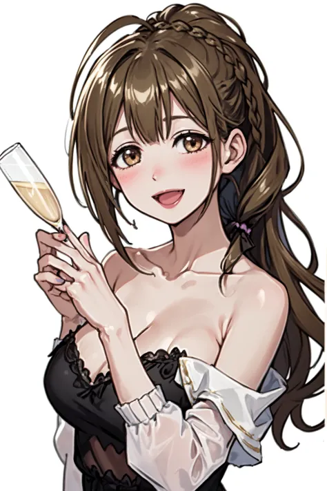 <lora:kuwayama chiyuki:1>, kuwayama chiyuki, 1girl, breasts, cleavage, cup, large breasts, solo, ahoge, braid, looking at viewer, brown hair, long hair, blush, smile, drinking glass, dress, hair over shoulder, holding, open mouth, black dress, holding cup, upper body, bangs, white background, collarbone, single braid, brown eyes, simple background, champagne flute, alcohol, bare shoulders, off shoulder, sleeveless, nail polish, braided ponytail, :d