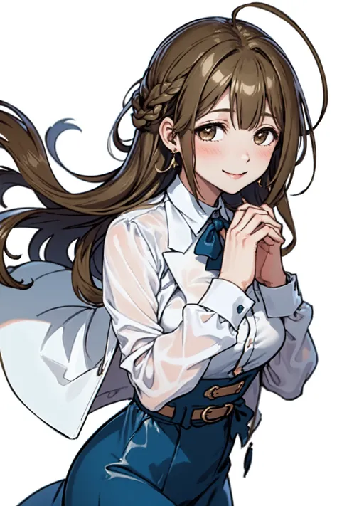 <lora:kuwayama chiyuki:1>, kuwayama chiyuki, 1girl, solo, ahoge, smile, long hair, white background, jewelry, skirt, looking at viewer, simple background, earrings, braid, shirt, brown hair, own hands together, blush, white shirt, belt, brown eyes, nail polish, blue skirt, jacket, high-waist skirt, bangs, breasts, long sleeves