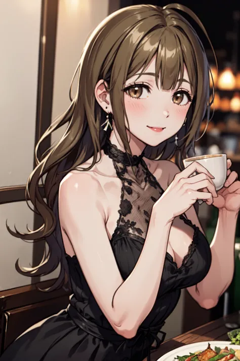 <lora:kuwayama chiyuki:1>, kuwayama chiyuki, 1girl, brown hair, ahoge, earrings, long hair, cup, looking at viewer, blush, jewelry, hair over shoulder, brown eyes, smile, sleeveless, dress, breasts, alcohol, large breasts, solo, holding cup, bare shoulders, holding, bangs, sleeveless dress, black dress, blurry, drinking glass, table, restaurant, food, bottle, hair bow