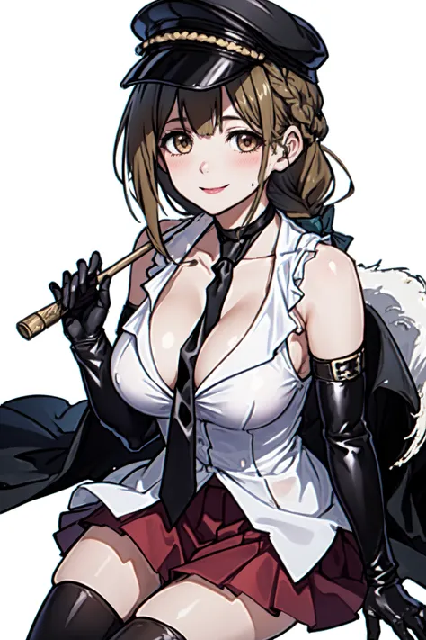 <lora:kuwayama chiyuki:1>, kuwayama chiyuki, 1girl, breasts, brown hair, solo, gloves, braid, between breasts, thighhighs, necktie, hat, hair over shoulder, elbow gloves, long hair, looking at viewer, brown eyes, necktie between breasts, black necktie, smile, large breasts, black gloves, holding, skirt, cleavage, peaked cap, black thighhighs, white shirt, sleeveless, shirt, long braid, single braid, sitting, blush, whip, black headwear, bare shoulders, bangs, white background, purple skirt, collarbone, closed mouth, sleeveless shirt, collared shirt, braided ponytail