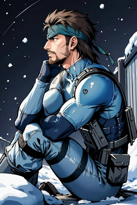 masterpiece, best quality, solid snake, blue bodysuit, headband, facial hair, sitting, from side, furrowed brow, looking down, night sky, serious, military base, snow <lora:solidsnake-nvwls-v1-final:1>