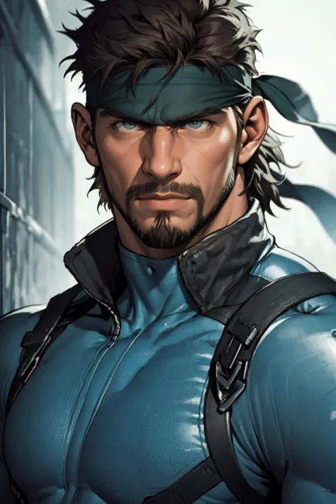 best quality, Mature male, Environmental portrait, <lora:solidsnake-nvwls-v1-final:1> solid snake, facial hair, blue bodysuit, gloves, headband