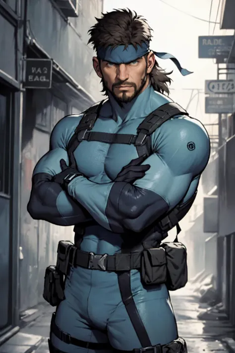 best quality, Mature male, Mid-range, <lora:solidsnake-nvwls-v1-final:1> solid snake, facial hair, blue bodysuit, gloves, headband