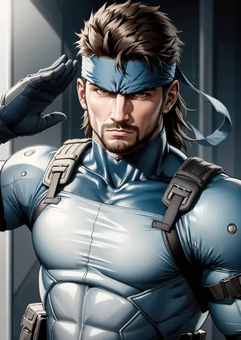 masterpiece, best quality, solid snake, facial hair, blue bodysuit, gloves, headband, upper body, looking at viewer, serious expression on face, salute <lora:solidsnake-nvwls-v3-000012:0.9>