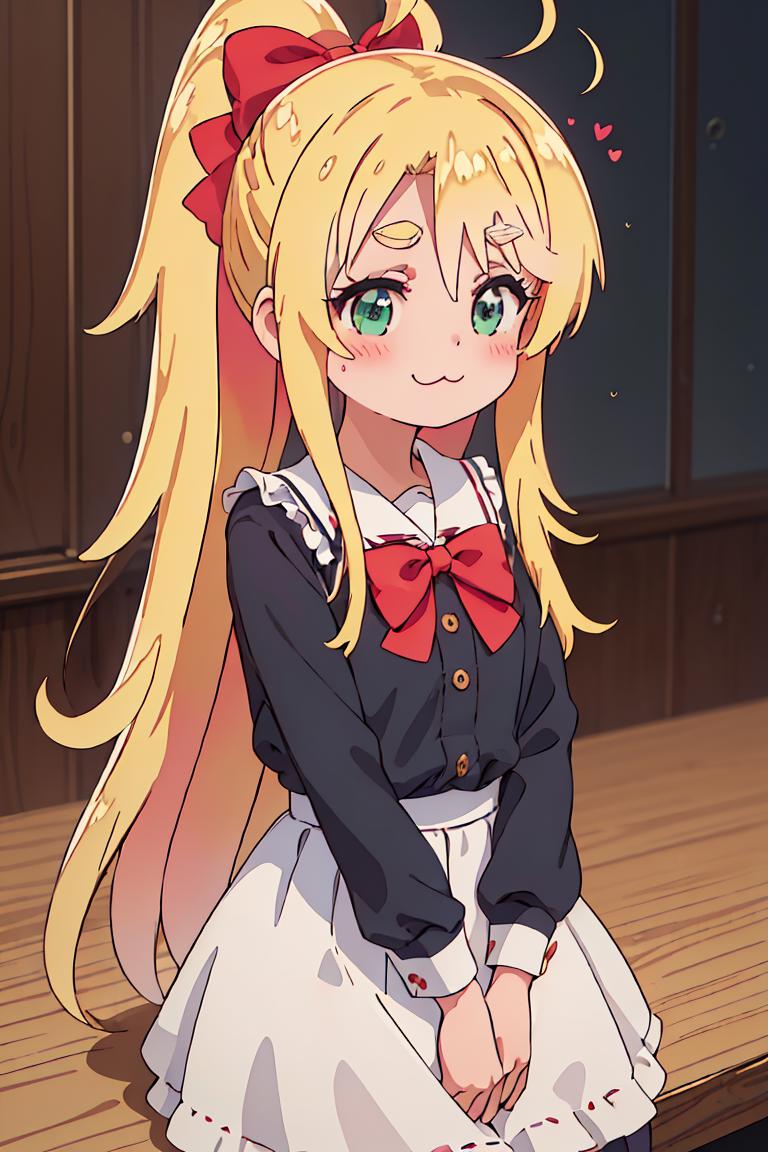 Anime girl with blonde hair and blue eyes sitting on a table - SeaArt AI
