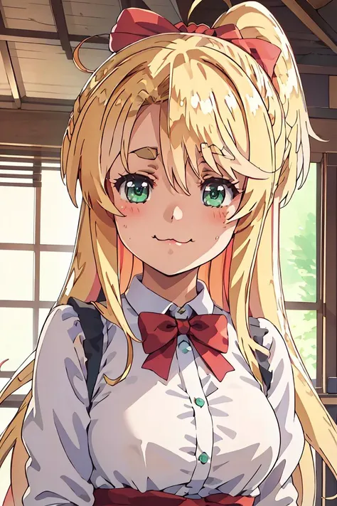 (masterpiece, best quality), 1girl, <lora:noa_himesaka_watashinitenshigamaiorita:1> noa_himesaka_watashinitenshigamaiorita, blonde_hair, blush, long_hair, bangs, :3, bow, green_eyes, closed_mouth, hair_bow, red_bow, smile, ahoge, thick_eyebrows, ponytail