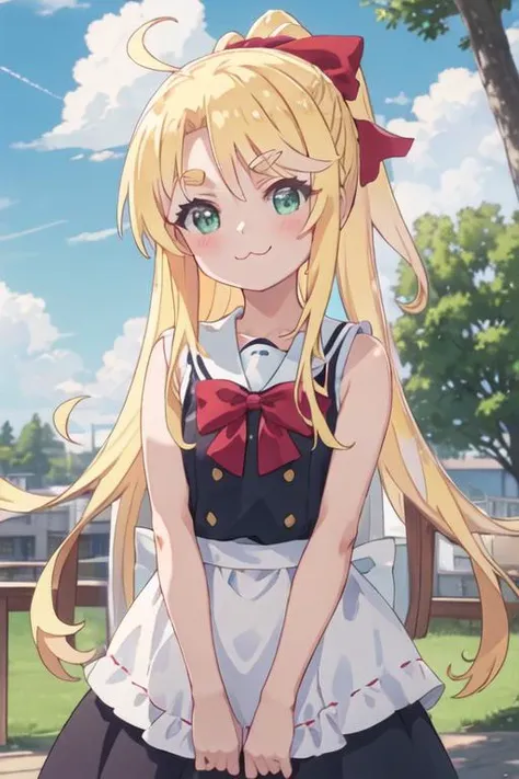 best quality, masterpiece, highres, solo, {noa_himesaka_watashinitenshigamaiorita:1.15}, blonde_hair, blush, long_hair, bangs, :3, bow, green_eyes, closed_mouth, hair_bow, red_bow, smile, ahoge, thick_eyebrows, ponytail, day, outdoors, 1girl, sky, cloud, blue_sky, tree, upper_body, shirt, anime_coloring, building, blurry, sleeveless