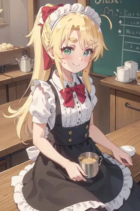 best quality, masterpiece, highres, solo, {noa_himesaka_watashinitenshigamaiorita:1.15}, blonde_hair, blush, long_hair, bangs, :3, bow, green_eyes, closed_mouth, hair_bow, red_bow, smile, ahoge, thick_eyebrows, ponytail, 1girl, alternate_costume, enmaided, maid, maid_headdress, bowtie, neck_ribbon, short_sleeves, apron, frills, maid_apron, sidelocks, upper_body