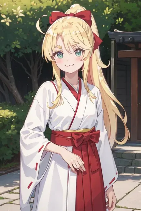 best quality, masterpiece, highres, solo, {white kimono:1.35}, {red hakama:1.35}, {wide sleeves:1.20}, {noa_himesaka_watashinitenshigamaiorita:1.15}, blonde_hair, blush, long_hair, bangs, :3, bow, green_eyes, closed_mouth, hair_bow, red_bow, smile, ahoge, thick_eyebrows, ponytail