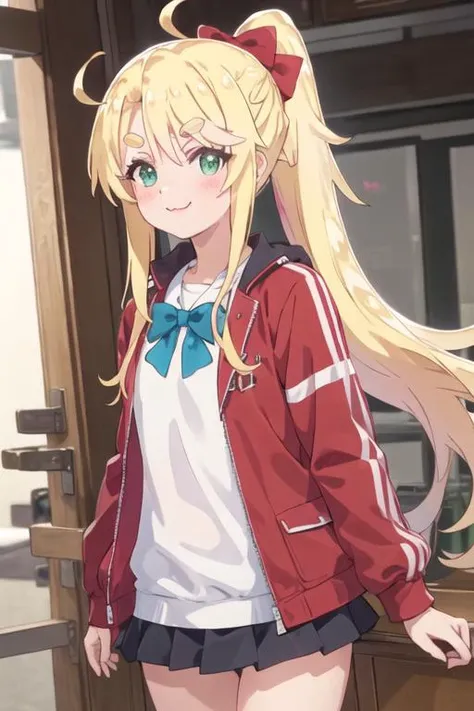 best quality, masterpiece, highres, solo, {noa_himesaka_watashinitenshigamaiorita:1.15}, blonde_hair, blush, long_hair, bangs, :3, bow, green_eyes, closed_mouth, hair_bow, red_bow, smile, ahoge, thick_eyebrows, ponytail, indoors, jacket, open_mouth, shirt, track_jacket, upper_body, white_shirt, 1girl, red_jacket, open_jacket, open_clothes