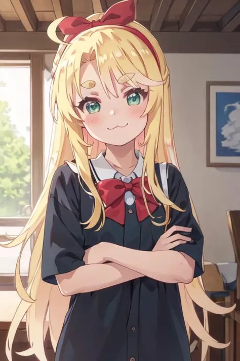 best quality, masterpiece, highres, solo, {noa_himesaka_watashinitenshigamaiorita:1.15}, blonde_hair, blush, long_hair, bangs, :3, bow, green_eyes, closed_mouth, hair_bow, red_bow, smile, ahoge, thick_eyebrows, ponytail, shirt, 2girls, child, multiple_girls, upper_body, female_child, solo_focus, blue_shirt, hairband, red_hairband, bow_hairband