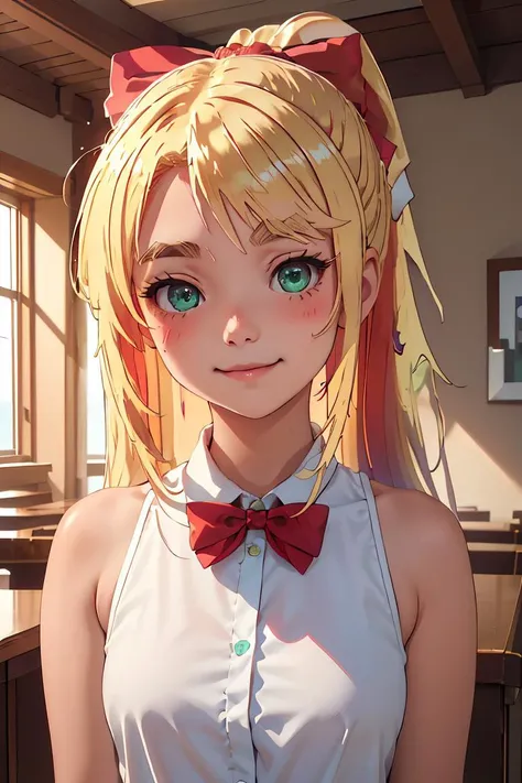 (masterpiece, best quality), 1girl, <lora:noa_himesaka_watashinitenshigamaiorita:1> noa_himesaka_watashinitenshigamaiorita, blonde_hair, blush, long_hair, bangs, :3, bow, green_eyes, closed_mouth, hair_bow, red_bow, smile, ahoge, thick_eyebrows, ponytail