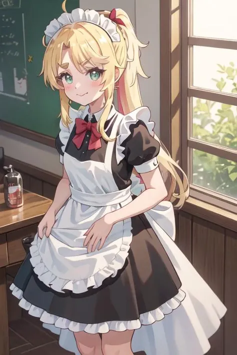 best quality, masterpiece, highres, solo, {maid:1.40}, {long maid dress:1.15}, {noa_himesaka_watashinitenshigamaiorita:1.15}, blonde_hair, blush, long_hair, bangs, :3, bow, green_eyes, closed_mouth, hair_bow, red_bow, smile, ahoge, thick_eyebrows, ponytail