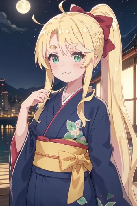 best quality, masterpiece, highres, solo, {noa_himesaka_watashinitenshigamaiorita:1.15}, blonde_hair, blush, long_hair, bangs, :3, bow, green_eyes, closed_mouth, hair_bow, red_bow, smile, ahoge, thick_eyebrows, ponytail, japanese_clothes, kimono, upper_body, yukata, 2girls, blue_kimono, multiple_girls, night, obi, outdoors, sash, braid, solo_focus, sky, floral_print, night_sky, print_kimono
