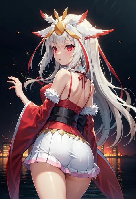 ((masterpiece, best quality)), 1girl, from behind, looking back, in the sky
houou rinka, red eyes, long hair, white hair, hair ornament, japanese clothes, white skirt, obi <lyco:hououRinkaBeatmania:0.65>