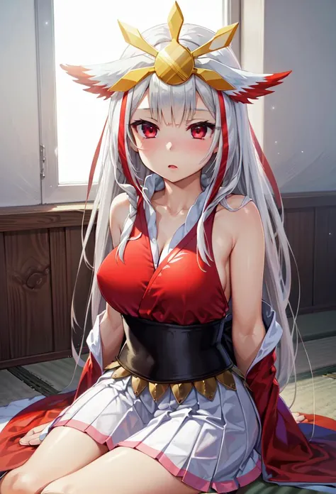 ((masterpiece, best quality)), 1girl, sitting
houou rinka, red eyes, long hair, white hair, hair ornament, japanese clothes, white skirt, obi <lyco:hououRinkaBeatmania:0.65>
