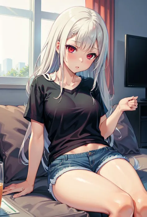 ((masterpiece, best quality)), 1girl, indoors, watching tv, lazy, lying on sofa, hands on lap
houou rinka, red eyes, long hair, white hair, t-shirt, black shirt, short shorts, mini shorts <lyco:hououRinkaBeatmania:0.65>