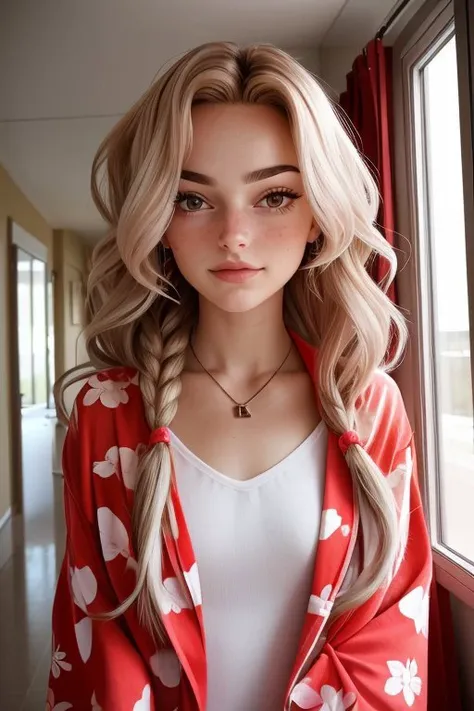 (shot from a Dutch angle, head shot:1.2) photo of 
        <lora:GeorgiaEllenwood_v1:0.9> GeorgiaEllenwood,
        she is wearing cherry print bathrobe ,
        her hair is styled as Straight Beach Waves,
        she is wearing tassel,
        BREAK she is (in the hallway:1.1),
        soft bounced lighting,