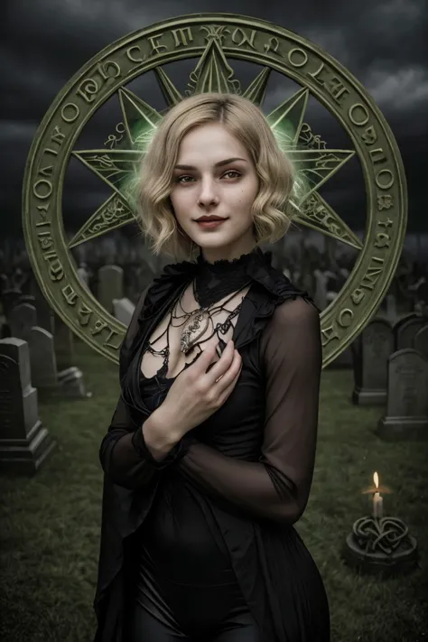 <lora:sd15_GeorgiaEllenwood_locon_24_v1:.9> GeorgiaEllenwood, Style-GravityMagic, solo, half shot, looking at viewer, detailed background, detailed face, ( 1920s art deco theme:1.1), dilated pupils, necromancer, occultist, Seal brown necromancer clothes, pendant, summoning, movement, evil smile, ritual, glyphs, occult energy, green magic energy, calling forth supernatural souls, haunted graveyard background, wind, dark clouds, ethereal atmosphere,