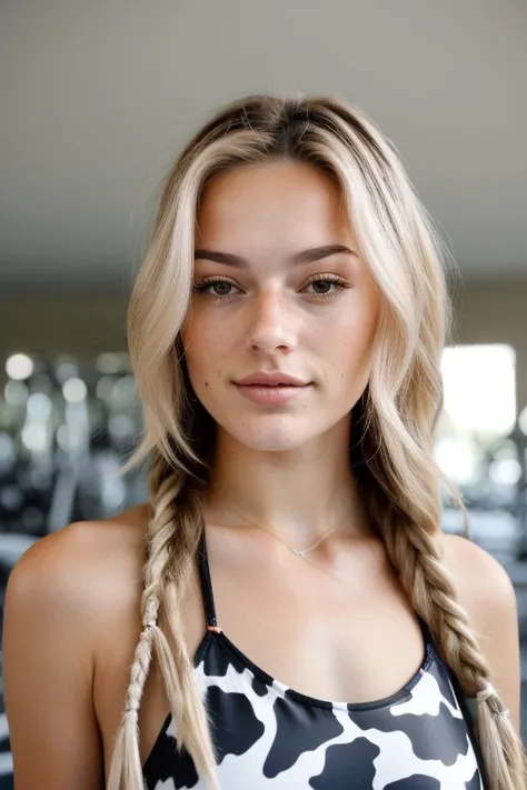 (low angle, close up on face:1.2) photo of 
        <lora:GeorgiaEllenwood_v1:0.9> GeorgiaEllenwood,
        she is wearing cow print competition swimsuit ,
        her hair is styled as dutch waterfall braid,
        she is wearing stole,
        BREAK she is (in the gym:1.1),
        soft bounced lighting,