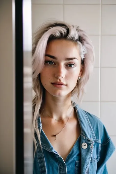 (low angle, head shot:1.2) photo of
<lora:GeorgiaEllenwood_v1:0.9> GeorgiaEllenwood,
she is wearing gakuran
,
her hair is styled as pixie hair,
she is wearing belt,
BREAK she is (in the bathroom:1.1),
soft bounced lighting,
